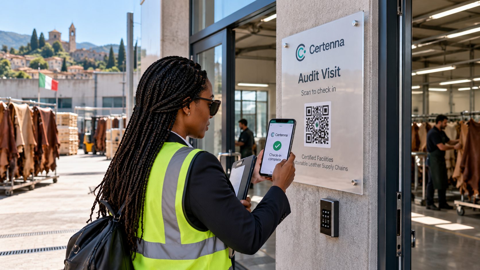 An auditor in a high-visibility vest checks in on her phone at the entrance to a leather tannery. The screen shows Check-in complete.